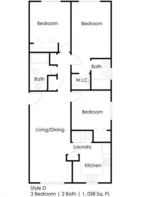 Floor plan for 3 beds, 2 baths, 1058 sqft